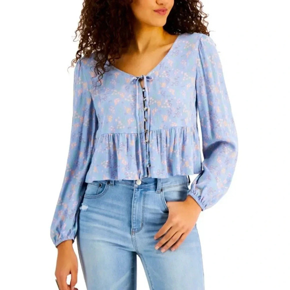 Self Esteem Tops - Juniors Self Esteem Button Down Front Tie V-Neck Peplum Top, Brand New with tags